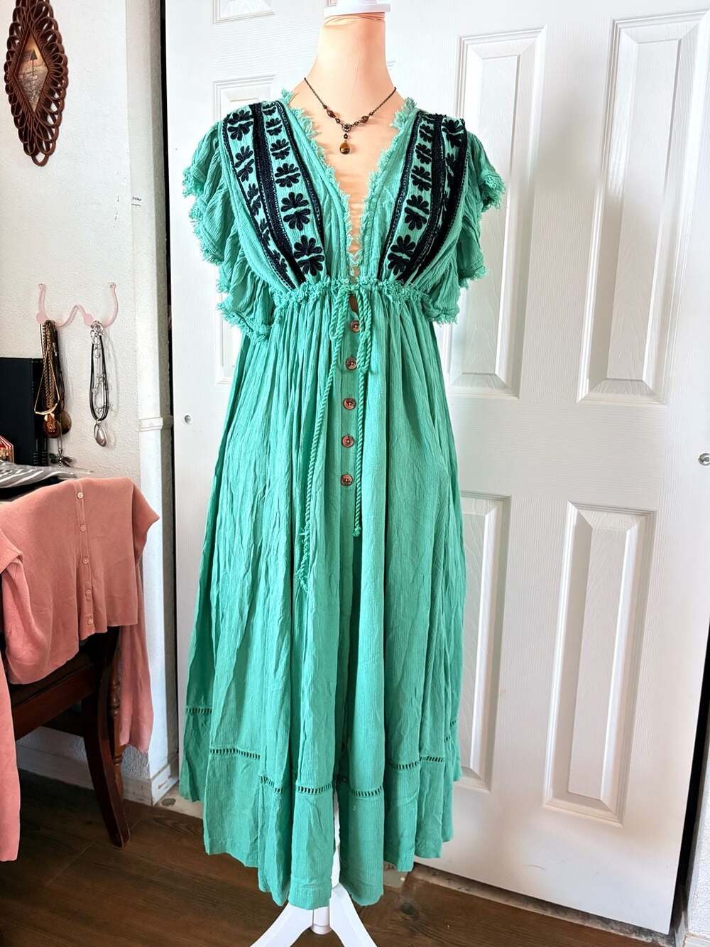 Free People Beach Comber Dress Emerald Green Embroidered Midi Boho